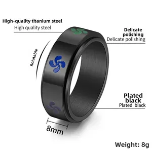 Detailed view of 8mm black titanium spinning ring featuring colorful rotating Lauburu symbols