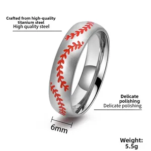Detail shot of 6mm titanium steel ring featuring red baseball stitch design on matte band