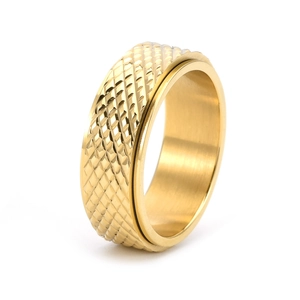 Gold stainless steel spinning ring with textured diamond pattern for stress relief