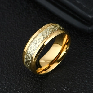 Detailed close-up of golden titanium steel ring with Celtic dragon pattern on black leather