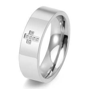 Anello con Croce in Acciaio al Titanio con Strass per Uomo Donna Superficie Liscia Minimalista Fascia in Acciaio Inossidabile