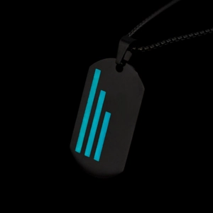 Luminous military dog tag pendant necklace with glowing blue stripes in dark lighting