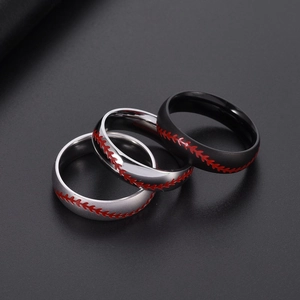 Three titanium steel baseball stitch rings in matte silver, polished, and black finishes