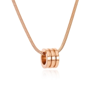 Polished rose gold stainless steel necklace featuring a sleek triple-grooved cylinder pendant