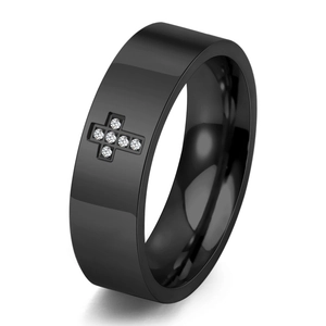 Anello in acciaio inossidabile nero lucido con croce di strass per uomo e donna