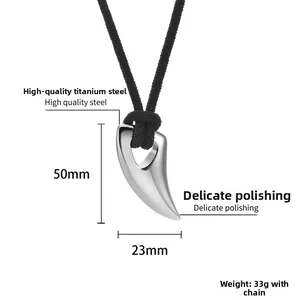 Polished silver titanium steel horn pendant with black rope chain and dimension details