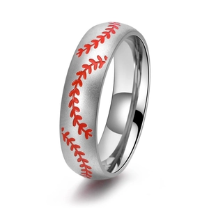 Detail of matte titanium baseball ring with red stitch texture and mirror-polished interior