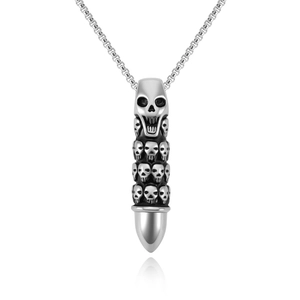 Punk style stainless steel bullet pendant necklace with carved skull details and chain