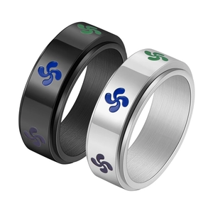 Detail view of 8mm stainless steel spinner rings with colorful Lauburu patterns and rotating bands