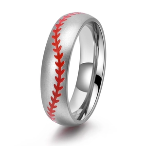 Detailed macro view of the matte titanium steel ring with red baseball stitch pattern