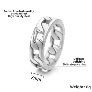 Detail view of 7mm silver titanium steel cuban link ring with polished finish and dimensions