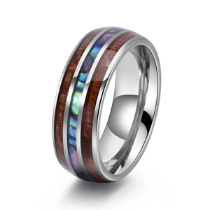 Men Tungsten Steel Wood Grain Abalone Shell Inlaid Ring Fashion Polished Jewelry Band Ring For Wedding Business Everyday Wear