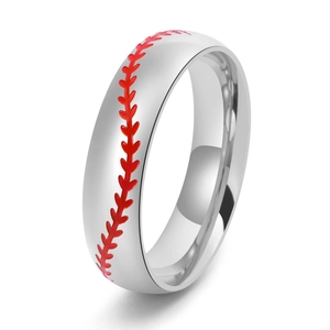 Polished silver titanium steel ring featuring red baseball stitch patterns for sports fans