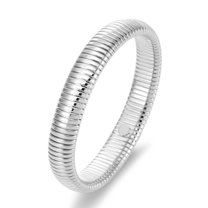 Close-up of silver Tubogas style elastic steel bracelet with spiral texture details