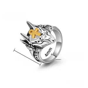 Detail view of Anubis wolf head ring showing dimensions 24mm and 4mm in high quality steel