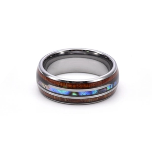 Polished tungsten ring featuring natural wood inlay and iridescent abalone shell center