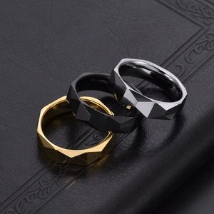 Mens 6mm tungsten faceted geometric rings in gold, black, and silver polished finishes