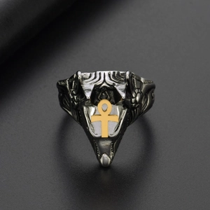 Vintage Anubis Egyptian ring in silver and gold stainless steel for men with Ankh symbol