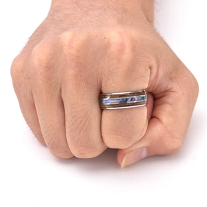 Men's tungsten steel ring featuring wood inlay and iridescent abalone shell detail