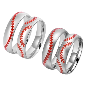Polished and matte silver baseball stitch rings with red V-shaped engraving details