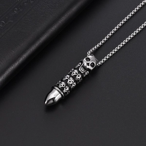 Punk style stainless steel skull bullet pendant necklace for men with gothic metal finish