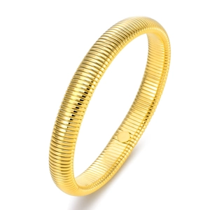 Polished 18K gold-plated Tubogas style ribbed cuff bracelet in stainless steel