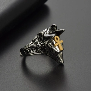 Vintage Anubis ring in stainless steel with golden Ankh symbol and oxidized metal finish
