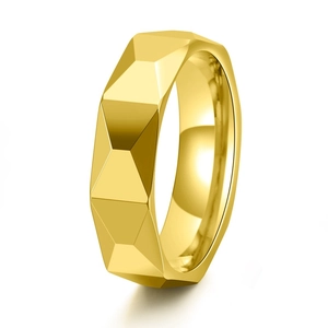 Minimalist 6mm wide faceted geometric tungsten steel ring in bright golden finish