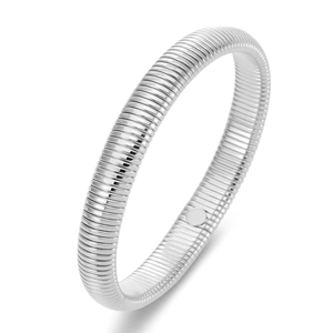 Close-up of silver Tubogas flexible steel bracelet with textured ribbed surface