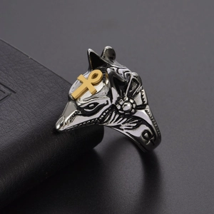 Vintage titanium steel Anubis jackal head ring with golden Ankh symbol for men