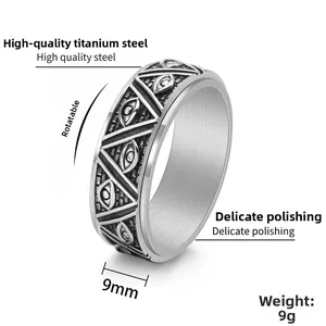 Detail showing 9mm width and 9g weight of vintage steel rotating eye triangle ring