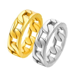 Polished titanium steel Cuban chain rings in gold and silver with hollow design