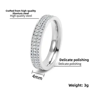 Detail view of 4mm double-row zircon inlay on polished silver titanium steel ring