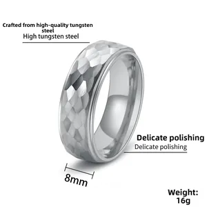 Detailed macro of 8mm silver tungsten ring featuring hammered texture and polished edges