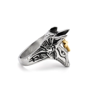 Vintage Anubis Egyptian wolf head ring in stainless steel with golden Ankh symbol