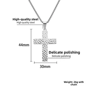 Detailed specs of hammered cross pendant in silver stainless steel, 44mm x 30mm size