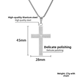 Macro detail of silver cross pendant with bible engraving and size specifications