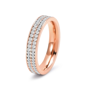 Elegant 18K rose gold titanium steel ring with double row pavé zircons in a minimalist style