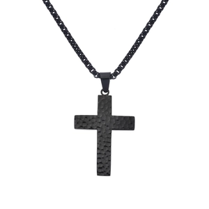 Men's black hammered cross pendant necklace with a durable box chain on white background