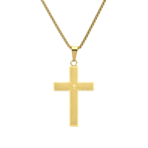 Gold stainless steel cross pendant necklace with engraved Lord's Prayer on box chain