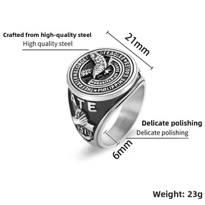 Macro detail of stainless steel eagle ring showing the 1979 engraving and organization logo