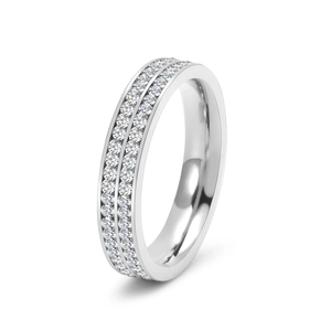 Elegant double row crystal eternity ring in titanium steel with polished finish
