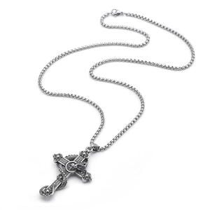 Retro gothic skull dragon cross pendant necklace with box chain for men in vintage silver