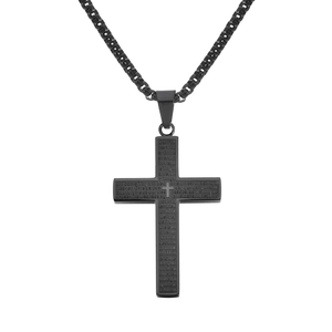 Men's black stainless steel cross necklace featuring The Lord's Prayer engraving on box chain