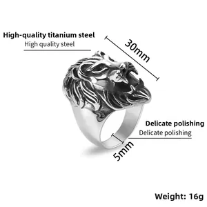 Detail view of lion head punk ring in polished high quality stainless steel