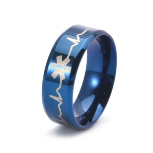 Anello in acciaio inossidabile blu lucido con stella della vita e motivo battito