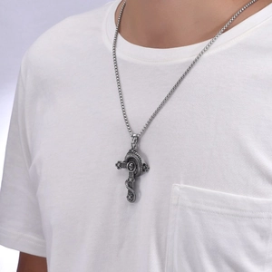 Retro vintage men's gothic skull dragon cross pendant with square pearl chain necklace