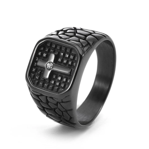 Men's vintage black stainless steel cross ring with square zircon and punk crack texture