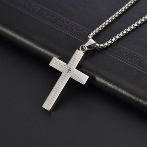 Silver stainless steel cross necklace with engraved Lord's Prayer on a box chain