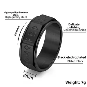 Detail view of 8mm black rotating Viking rune ring with brushed titanium steel finish